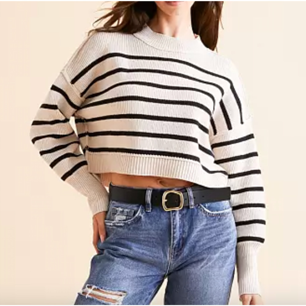 FREE PEOPLE PEARL COMBO STRIPE EASY STREET CROP PULLOVER SWEATER SZ M